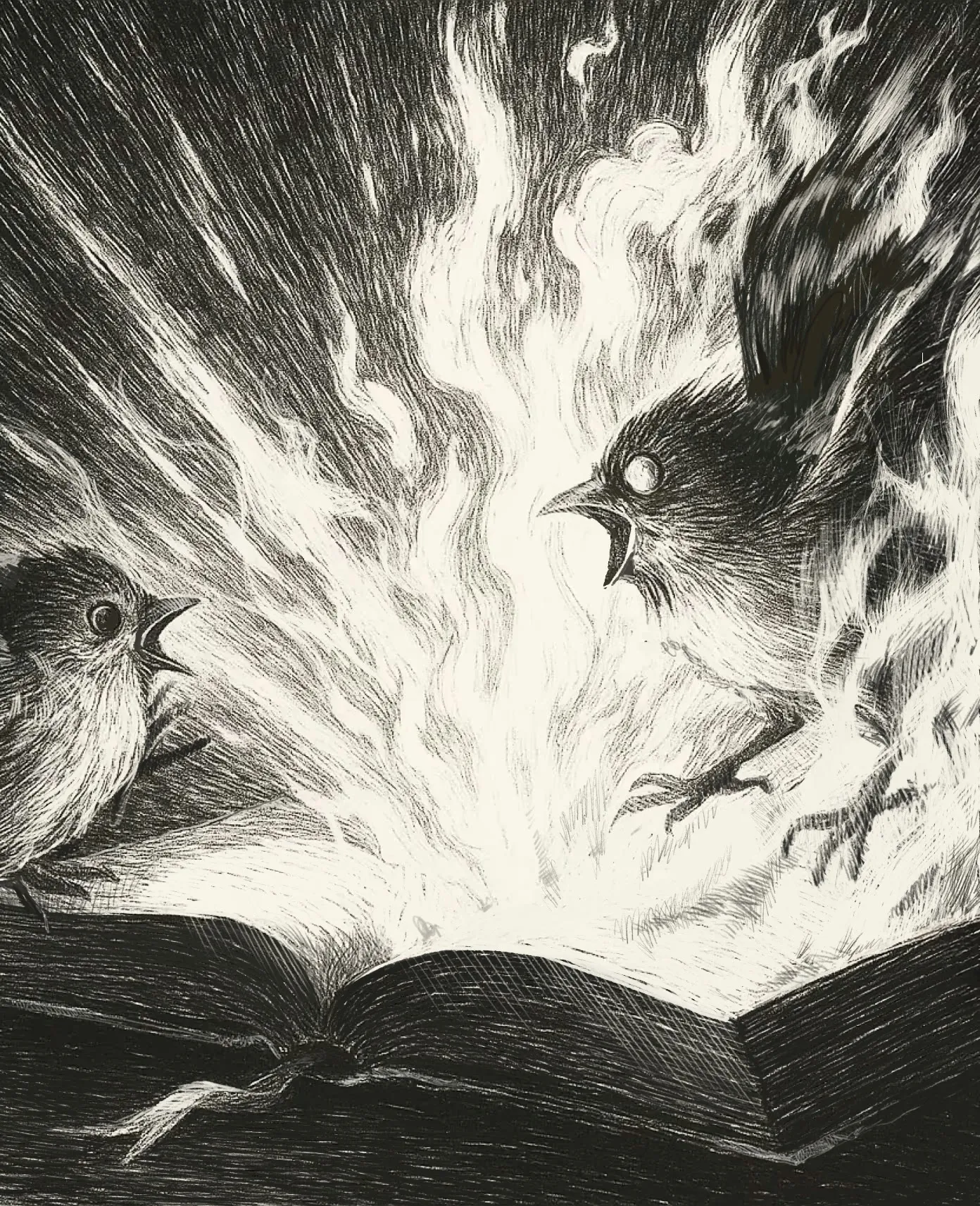 Engraving of birds gathered around an open book erupting with light